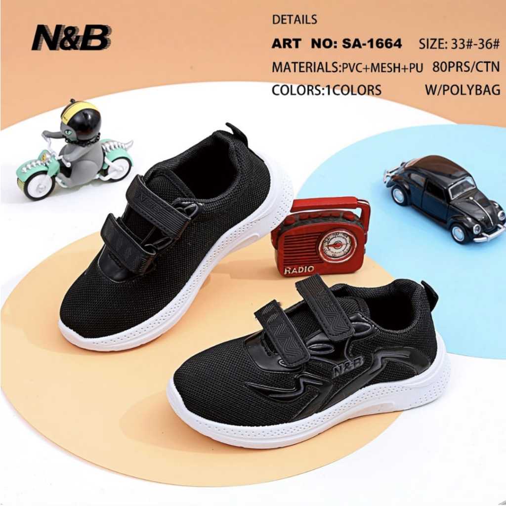 RumahKaki – Sepatu Sekolah Anak Kasual / Sepat Casual Unisex Insole Empuk Model Perekat Velcro N&B