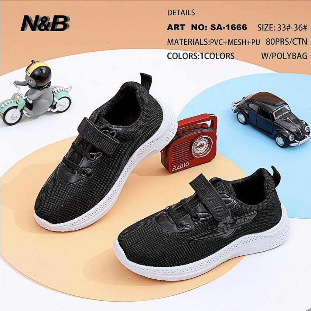 RumahKaki – Sepatu Sekolah Anak Kasual / Sepat Casual Unisex Insole Empuk Model Perekat Velcro N&B